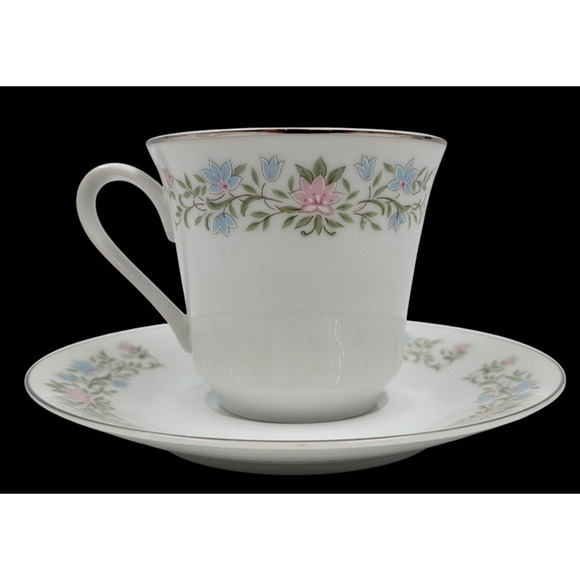 Eileen Cotillion Cup & Saucer Japan Floral Pink Blue Platinum Trim Set of 2 - Picture 13 of 14